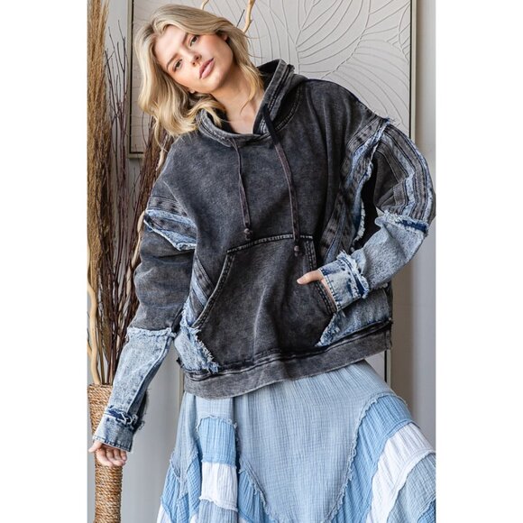 Oli & Washed Mixed Denim Hooded Pullover Top NEW Size Small - Picture 1 of 9